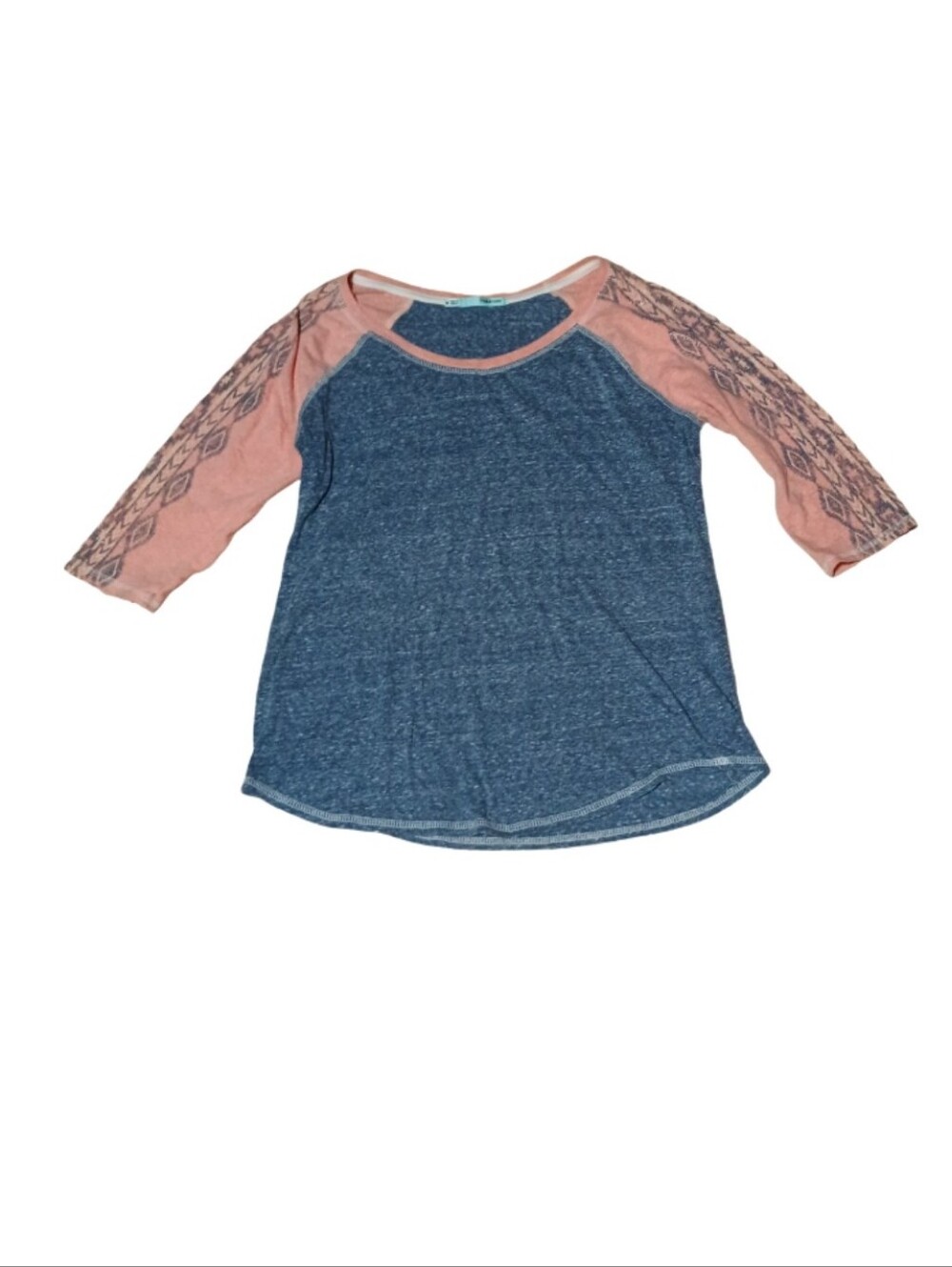 Maurices Blue Heathered Raglan Top with Pink Printed Sleeves